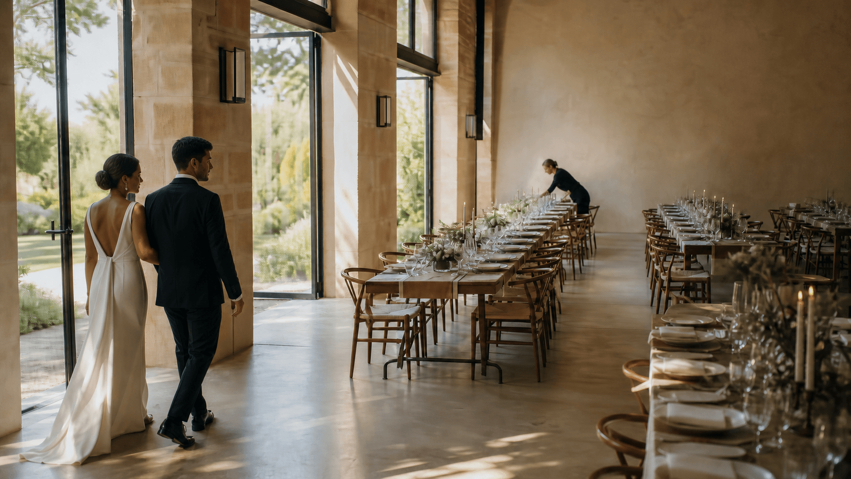 A couple entering their reception room before guests arrive
